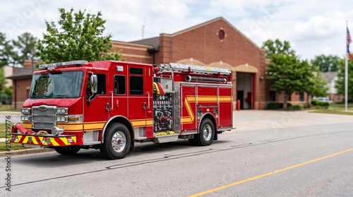 Fire Truck Outside Station: A bright red fire engine with yellow accents is parked in front of a brick fire station on a sunny day, ready for action.