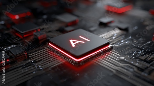 Obraz na płótnie Advanced computer processor chip featuring glowing red text showing artificial intelligence integration on black circuit board