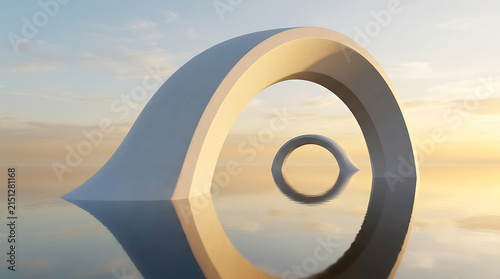 Abstract curved white architectural form with a centered ring opening reflected on a still water surface at sunset architecture abstract