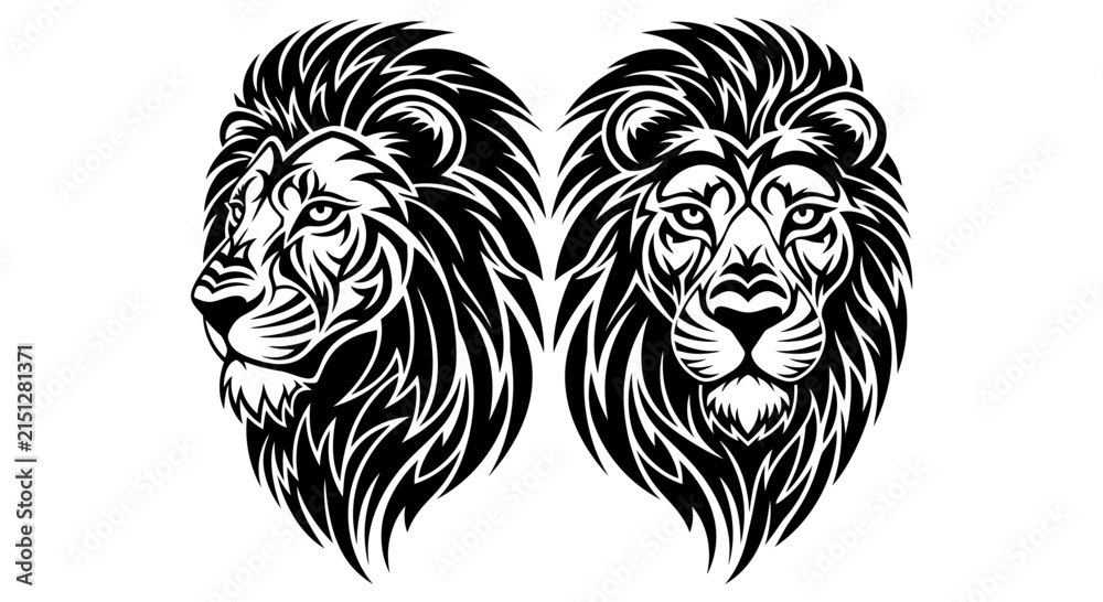 Fototapeta premium Black and white lion heads illustration.