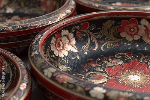 Close-up of traditional Russian Khokhloma wooden bowls with floral patterns and vibrant colors, showcasing cultural heritage.