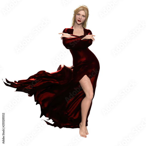 Photography 3D rendered overlay of a blonde woman in a flowing crimson dress, isolated on a