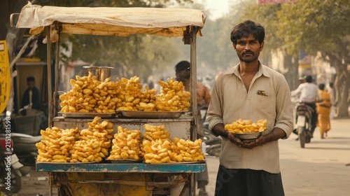 Man selling street food in a sunny urban setting