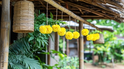 Decorated bamboo structure with hanging flowers