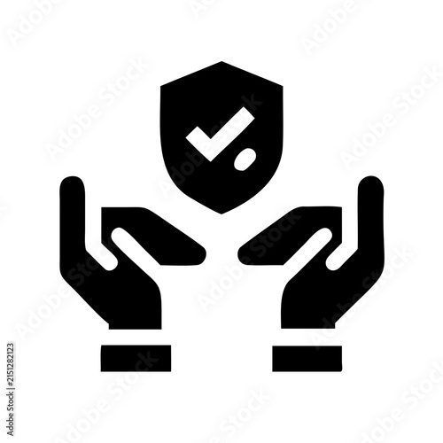 Hands holding digital security shield icon - Two hands protectively holding a digital security shield symbol, minimalist vector design for safety and trust concepts.