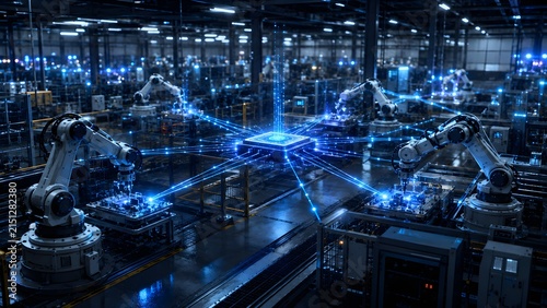 Robotic arms are working together in a modern smart factory with glowing blue data connections 3d rendered