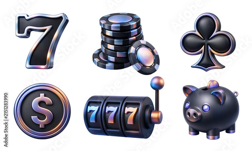 3D Casino Gambling Icons Set – Poker Chips, Lucky Seven, Slot Machine, Piggy Bank and Club