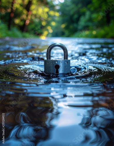 Close-up of vintage camera lens in water reflection.