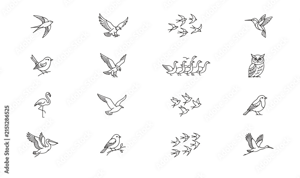 Fototapeta premium Flying Bird Line Art Icon Set with Eagles, Owls, Flamingos, and Swallows for Nature Wildlife Logos and Environmental Graphic Designs
