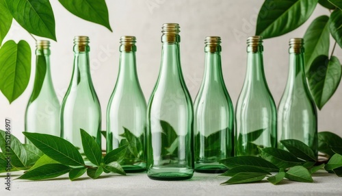Recycled Glass Bottles with Green Leaves