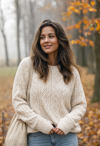 Smiling woman in a knit sweater walks a misty autumn forest. Golden fallen leaves cover the ground while soft fog drifts through the trees, creating a cozy and atmospheric fall outdoor portrait