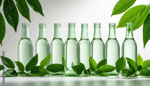 Recycled Glass Bottles with Green Leaves