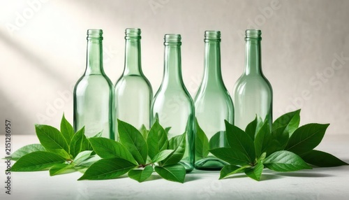 Recycled Glass Bottles with Green Leaves