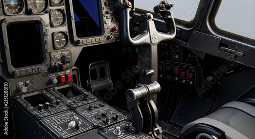 Empty military aircraft flight deck with control yoke and navigational cockpit instruments.