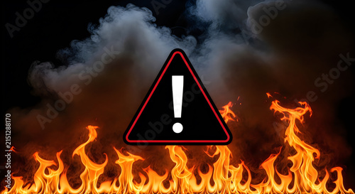 Exclamation danger warning symbol glowing amidst fire and smoke.