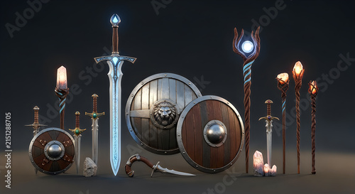 Fantasy weapon collection on a dark background, set of magical swords, shields, and staffs, warrior and wizard equipment.