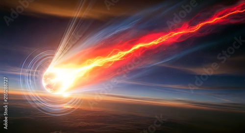 Fiery asteroid streaking through upper atmosphere above Earth.