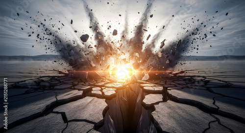 Fiery explosion creating chasm in cracked desert landscape under dramatic sky.