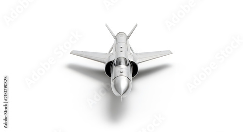 Front view of silver jet fighter plane isolated on a white background.