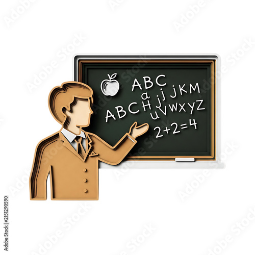 Papercut style male teacher standing in front of classroom chalkboard