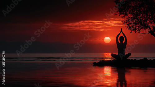 Silhouette of a man practicing yoga during a vibrant sunset over calm waters water reflection meditation relaxation peaceful tranquility serenity wellness exercise fitness spiritual