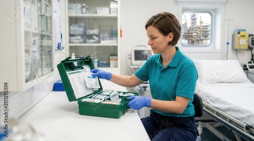 Female medic in offshore oil rig clinic prepares first aid kit with an oil platform visible through the window.