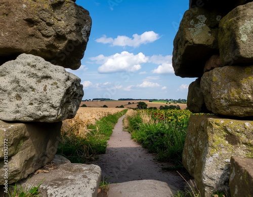 Ancient stone pathway through rugged rocky terrain with lush greenery.