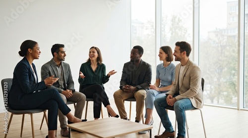 Diverse group of young professionals sitting in a circle having a collaborative discussion in a modern office