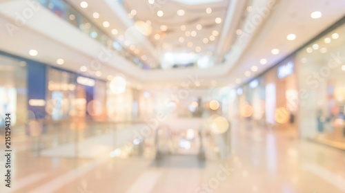 Blurred interior of a modern shopping mall with bright lights