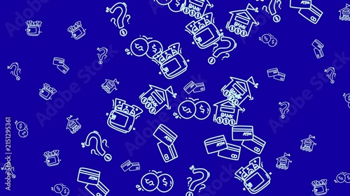 plain blue background Line art wallet, question mark, credit card, coin icons on blue background perfect for financial articles, websites, presentations.