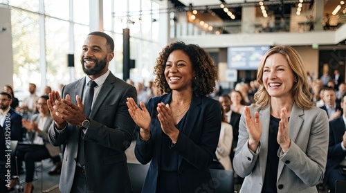 Diverse group of professionals celebrating success with applause in a modern office space