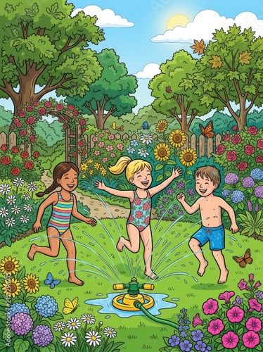 Happy children playing with water sprinkler in a sunny summer garden