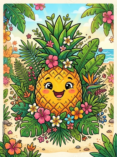 Cute cartoon pineapple character with tropical flowers and palm leaves on beach background