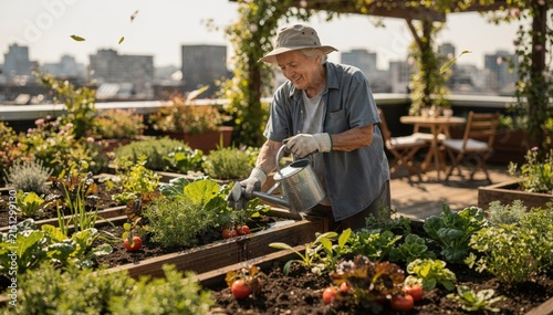 Medium shot of a senior tending to vibrant vegetable beds on a green roof garden with shaded seating in soft focus background.