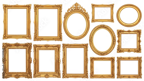 Collection of ornate vintage gold frames in various shapes and sizes on white