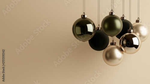 Green and gold Christmas baubles hang on beige, creating stylish holiday decor. festive winter style, elegant celebration, luxury decoration, seasonal greeting, Christmas spirit.