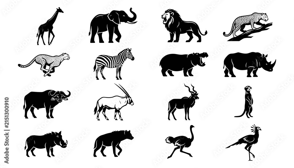 Fototapeta premium Animal Silhouettes Set Featuring Zebra, Lion, Giraffe, Rhinoceros, Elephant, Cheetah, Hippopotamus, Ostrich, and Antelope in Black