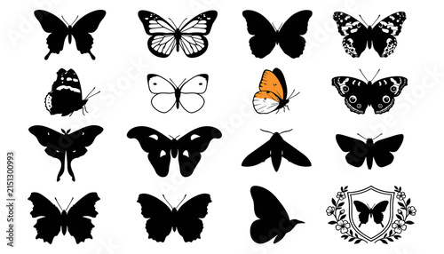 Butterfly Icons Set with Black Silhouettes, Orange Accent, Floral Wreath, and Decorative Patterns in Vector Style