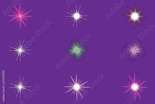 Bright abstract starburst shapes on purple background isolated on white background