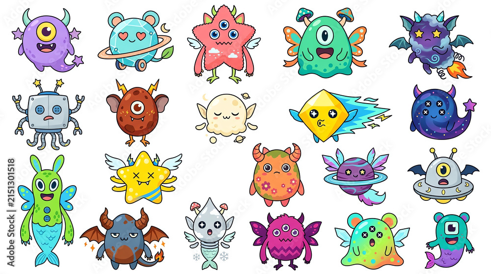 Obraz premium Cute monster and alien character icons collection, colorful doodle creatures for kids games, playful pixel art set for design, 40 fun cartoon symbols for educational apps