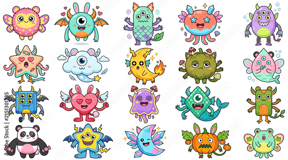 Obraz premium Cute Monster Collection, 20 Kawaii Creatures, Colorful Character Set, Chibi Vector Illustrations, Whimsical Funny Icons For Kids Design