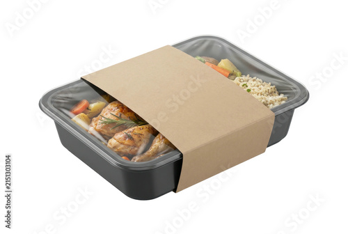 Prepared meal in container with brown cardboard sleeve.