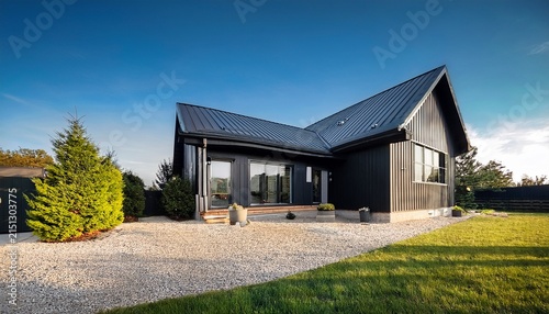 elegant barndominium residence with black facade inviting porch and green lawn