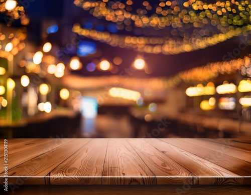 wooden tabletop against blurred bar perfect for product mockups and marketing