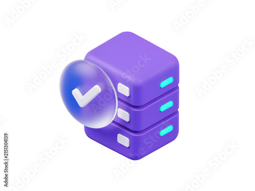 3D purple database server icon with a checkmark for successful data synchronization task.