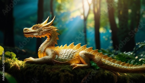 golden dragon resting peacefully in a lush teal forest with sunlight hues