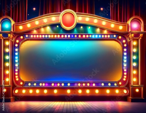 vintage movie theater marquee glowing with colorful lights retro cinema sign blank banner old show entrance frame