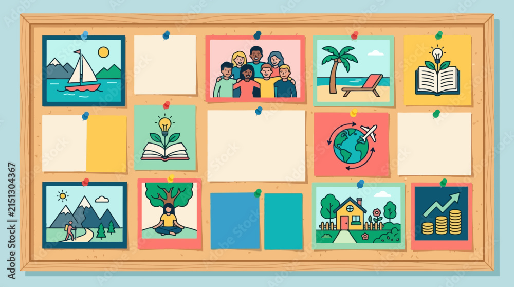 Fototapeta premium Bulletin board with various illustrated life goals and aspirations pinned on it