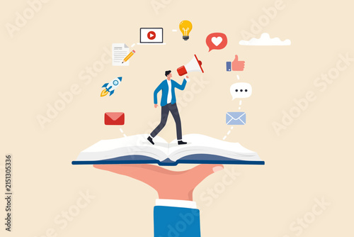 Content marketing concept with businessman on open book, Vector, illustration
