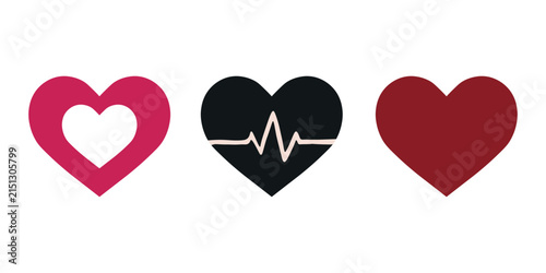 Minimalist heart icon set with heartbeat pulse line. Red and black medical cardiology symbols. Healthcare and romance vector elements.